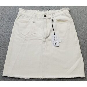 For The Republic Jean Skirt Womens 6/27 White Denim Stretch Raw Hem High Waist